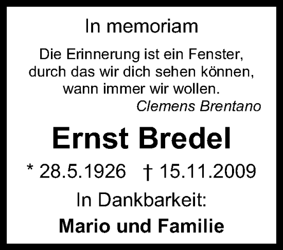 Traueranzeige von Ernst Bredel von Wiesbadener Kurier