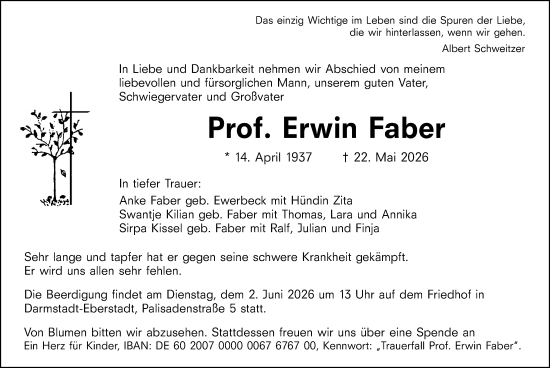 Traueranzeige von Erwin Faber von Darmstädter Echo