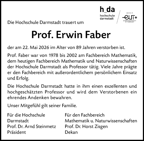 Traueranzeige von Erwin Faber von Darmstädter Echo