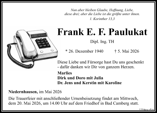Traueranzeige von Frank E. F. Paulukat von Camberger Anzeiger