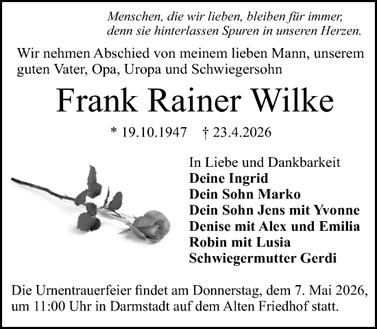 Traueranzeige von Frank Rainer Wilke von Darmstädter Echo