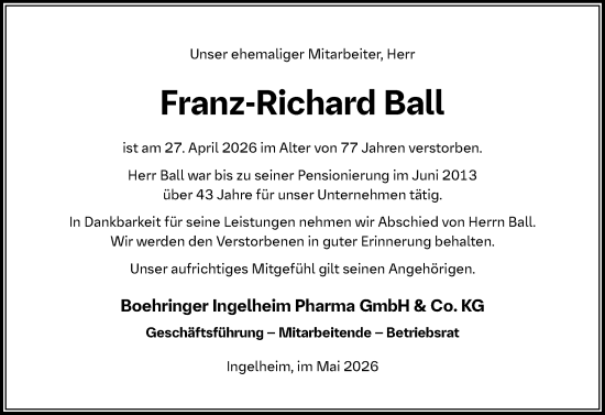 Traueranzeige von Franz-Richard Ball von Allgemeine Zeitung Rheinhessen-Nahe