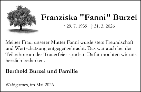 Traueranzeige von Franziska Burzel von Wetzlarer Neue Zeitung