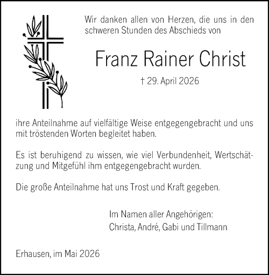 Traueranzeige von Franz Rainer Christ von Hinterländer Anzeiger