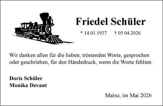 Traueranzeige von Friedel Schüler von Allgemeine Zeitung Mainz