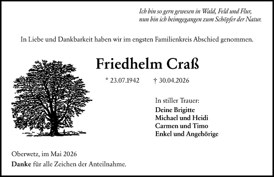 Traueranzeige von Friedhelm Craß von Wetzlarer Neue Zeitung