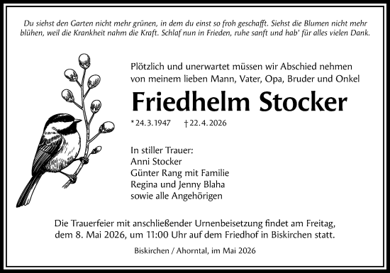 Traueranzeige von Friedhelm Stocker von Wetzlarer Neue Zeitung