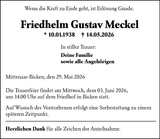 Traueranzeige von Friedhelm Gustav Meckel von Dill Block