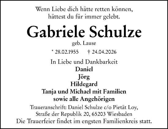 Traueranzeige von Gabriele Schulze von Wiesbadener Kurier