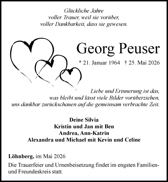 Traueranzeige von Georg Peuser von Weilburger Tageblatt