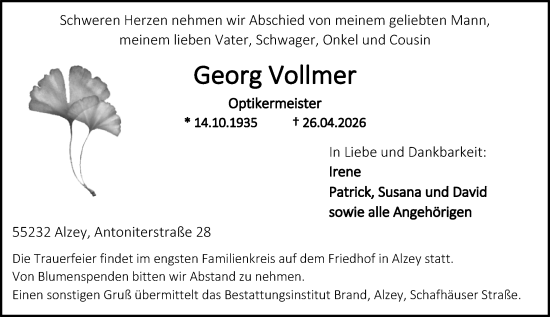 Traueranzeige von Georg Vollmer von Allgemeine Zeitung Alzey