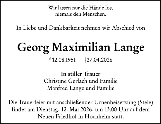 Traueranzeige von Georg Maximilian Lange von Hochheimer Zeitung