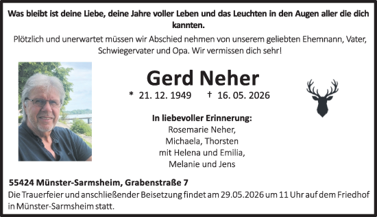 Traueranzeige von Gerd Neher von Allgemeine Zeitung Rheinhessen-Nahe