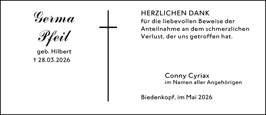 Traueranzeige von Germa Pfeil von Hinterländer Anzeiger