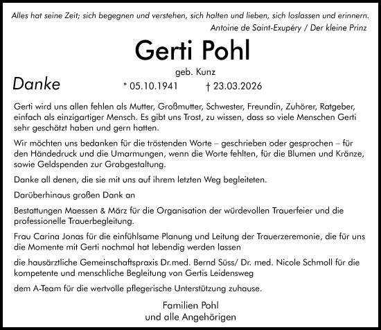 Traueranzeige von Gerti Pohl von Binger-/Ingelheimer Wochenblatt