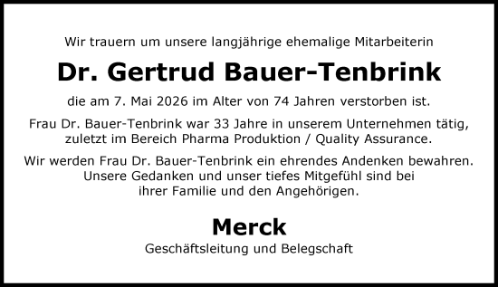 Traueranzeige von Gertrud Bauer-Tenbrink von Darmstädter Echo