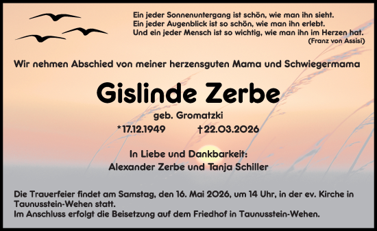 Traueranzeige von Gislinde Zerbe von Rheingau-Taunus-Kreis Wochenblatt