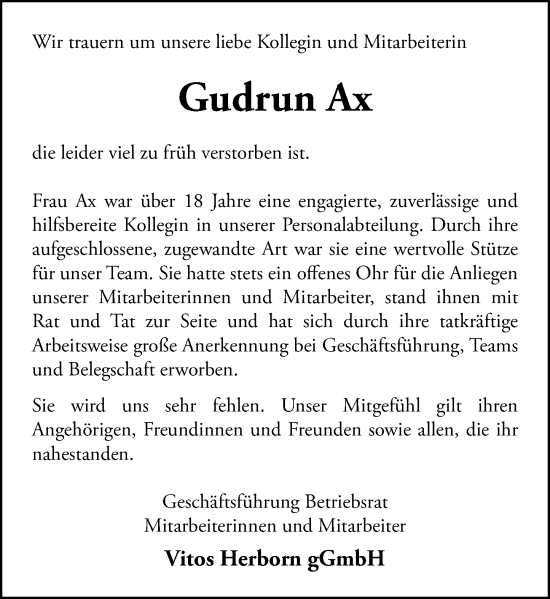 Traueranzeige von Gudrun Ax von Dill Block