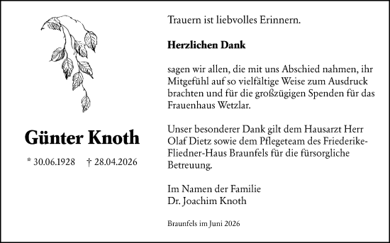 Traueranzeige von Günter Knoth von Wetzlarer Neue Zeitung