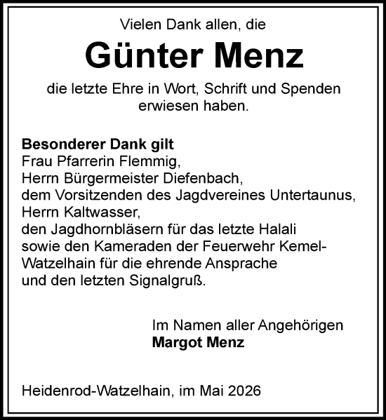 Traueranzeige von Günter Menz von Wiesbadener Kurier