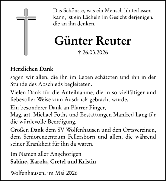 Traueranzeige von Günter Reuter von Weilburger Tageblatt