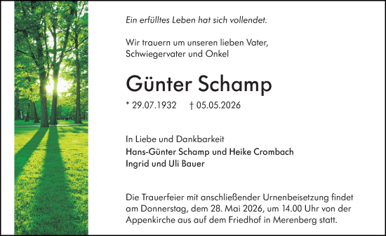 Traueranzeige von Günter Schamp von Weilburger Tageblatt
