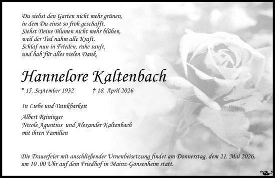 Traueranzeige von Hannelore Kaltenbach von Allgemeine Zeitung Mainz