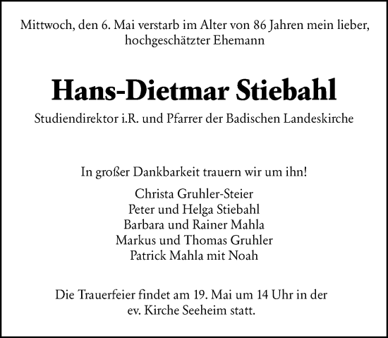 Traueranzeige von Hans-Dietmar Stiebahl von Darmstädter Echo