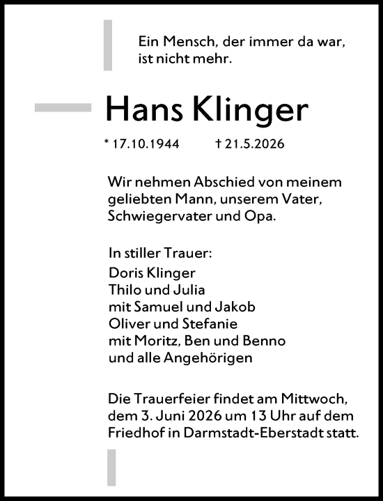 Traueranzeige von Hans Klinger von Darmstädter Echo