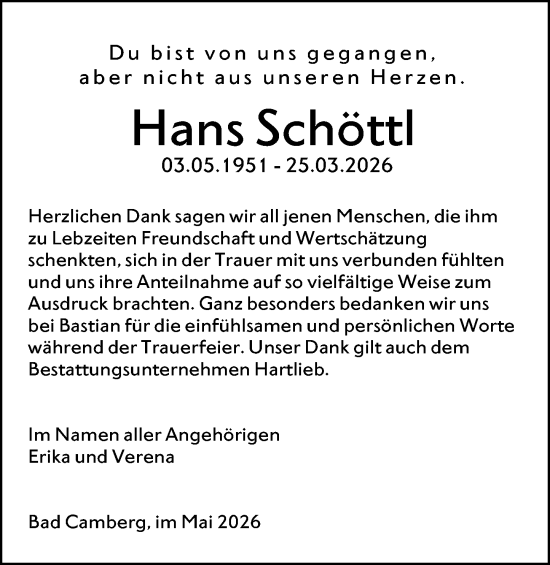 Traueranzeige von Hans Schöttl von Camberger Anzeiger
