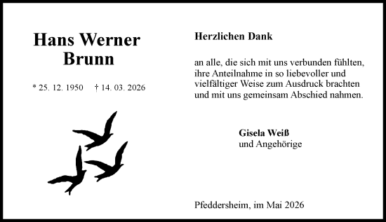 Traueranzeige von Hans Werner Brunn von Wormser Zeitung