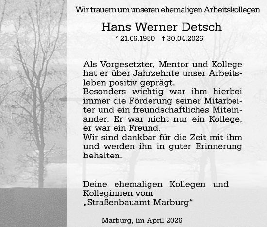 Traueranzeige von Hans Werner Detsch von Hinterländer Anzeiger