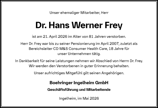 Traueranzeige von Hans Werner Frey von Allgemeine Zeitung Rheinhessen-Nahe
