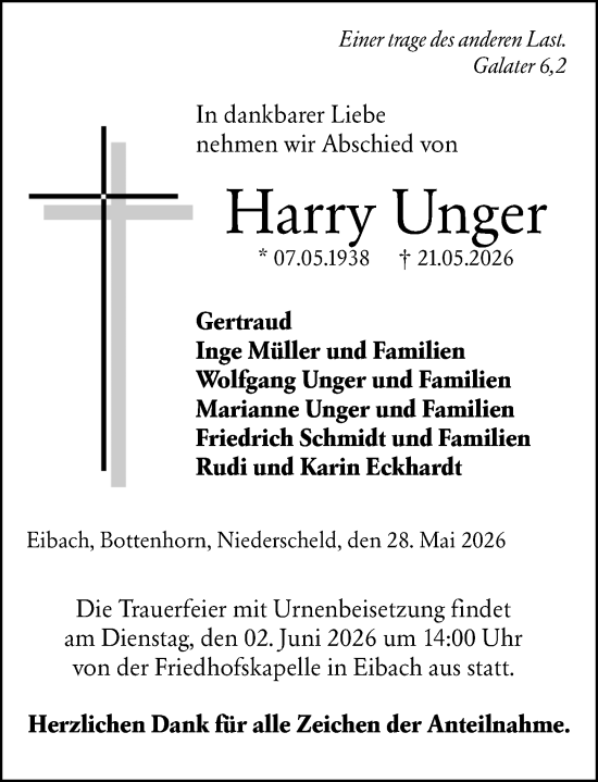 Traueranzeige von Harry Unger von Dill Block