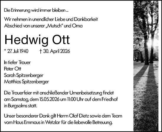 Traueranzeige von Hedwig Ott von Wetzlarer Neue Zeitung