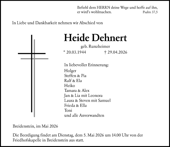 Traueranzeige von Heide Dehnert von Hinterländer Anzeiger