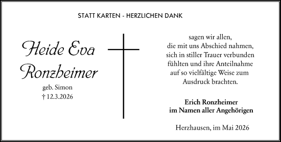 Traueranzeige von Heide Eva Ronzheimer von Hinterländer Anzeiger