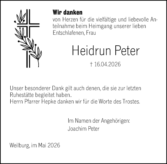 Traueranzeige von Heidrun Peter von Weilburger Tageblatt