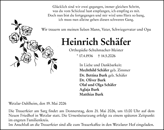 Traueranzeige von Heinrich Schäfer von Wetzlarer Neue Zeitung