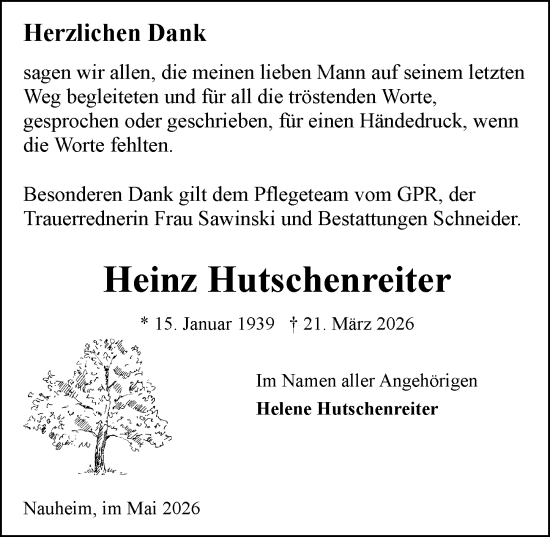 Traueranzeige von Heinz Hutschenreiter von Rüsselsheimer Echo