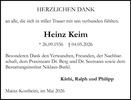 Traueranzeige von Heinz Keim von Allgemeine Zeitung Mainz