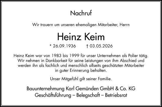 Traueranzeige von Heinz Keim von Allgemeine Zeitung Rheinhessen-Nahe