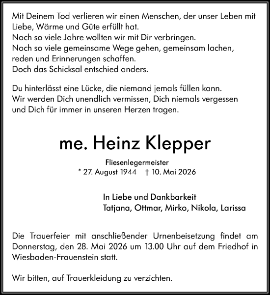 Traueranzeige von Heinz Klepper von Wiesbadener Kurier