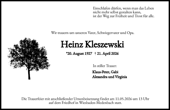 Traueranzeige von Heinz Kleszewski von Wiesbadener Kurier