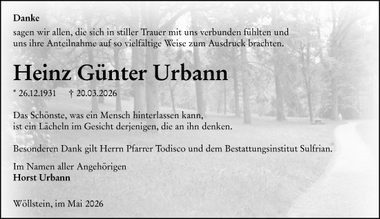 Traueranzeige von Heinz Günter Urbann von Allgemeine Zeitung Alzey
