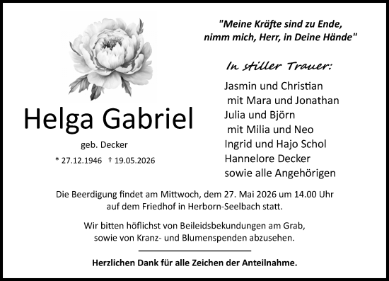 Traueranzeige von Helga Gabriel von Dill Block