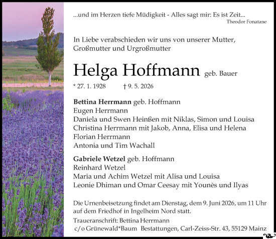 Traueranzeige von Helga Hoffmann von Allgemeine Zeitung Mainz