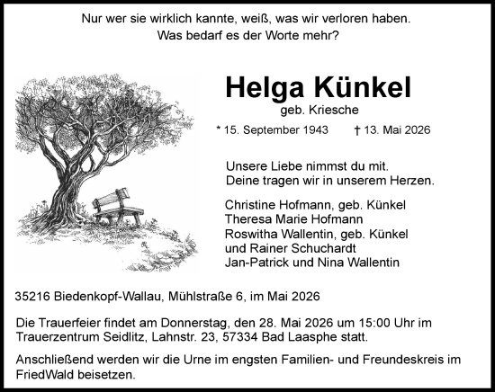 Traueranzeige von Helga Künkel von Hinterländer Anzeiger