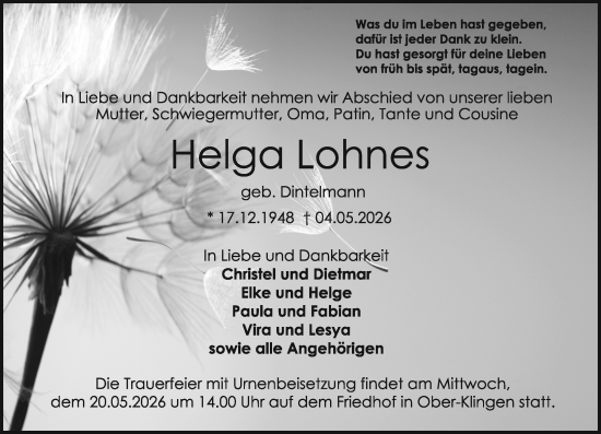 Traueranzeige von Helga Lohnes von Darmstädter Echo