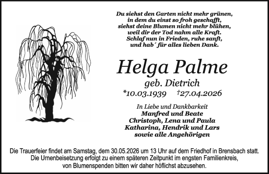Traueranzeige von Helga Palme von Darmstädter Echo